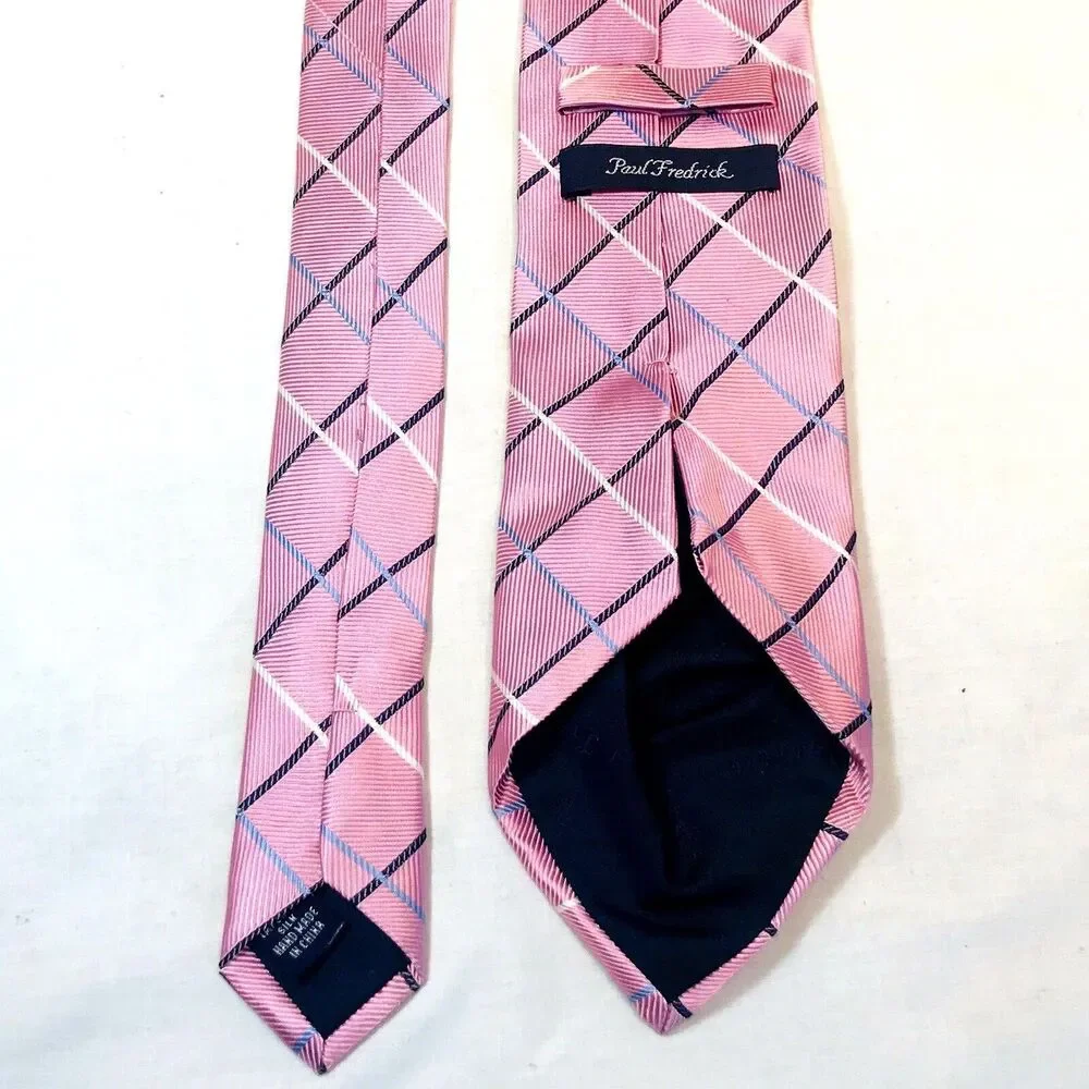 Paul Fredrick Tie Pink Plaid Repp Weave Hand Made Imported Silk Summery Preppy
